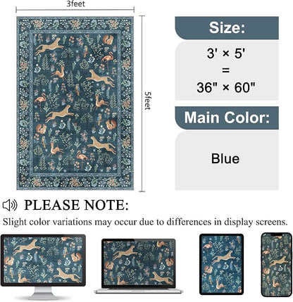 DUKINO 3x5 Rug, Washable Animal Area Rug with Non Slip Vintage Design, Indoor Soft Low Pile Carpet for Bedroom, Nursery, Dining Room, Farmhouse, Playroom, Blue