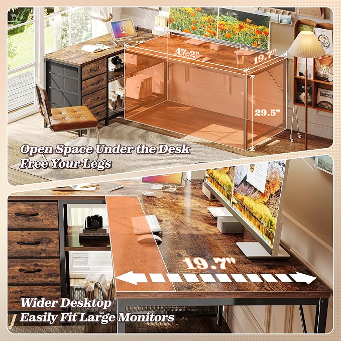 PRAISUN 61" L Shaped Desk with Power Outlets & USB-C Port, Reversible Computer Corner Office Desk with 4 Fabric Drawers and 2 Storage Shelves, Large Desk for Gaming Writing Study, Rustic Brown