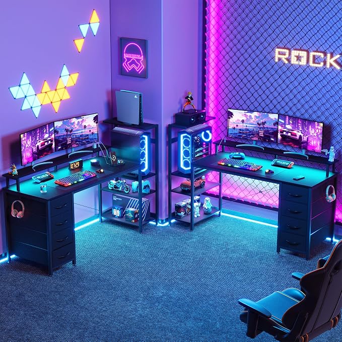 51 Inch Gaming Desk with LED Lights and Power Outlets, Computer Desk with Storage Shelves, Fabric Drawers, Monitor Stand & Side Hook, Reversible Gamer Table for Home Office, Carbon Fiber Black