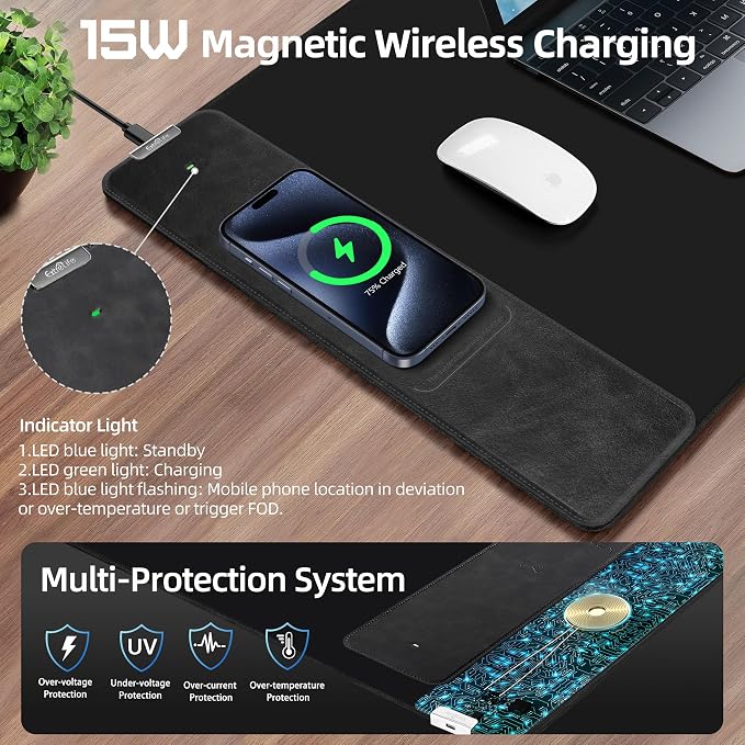ExtreLife Wireless Charging Mouse Pad, Gaming Mouse Pad with Ultra-Smooth Surface, 31.5”x15.75” Large Desk Mat, Non-Slip Rubber Base, Waterproof Computer Keyboard Pad for Gaming, MacBook, Laptop, Desk