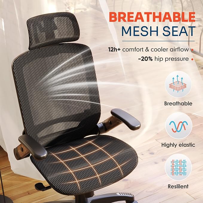 GABRYLLY Ergonomic Office Chair, High Back Home Desk Chair with Headrest, Flip-Up Arms, 90-120° Tilt Lock and Wide Cushion, Big and Tall Mesh Chairs for Man Woman, Black Task Chair(Dark Woodgrain)