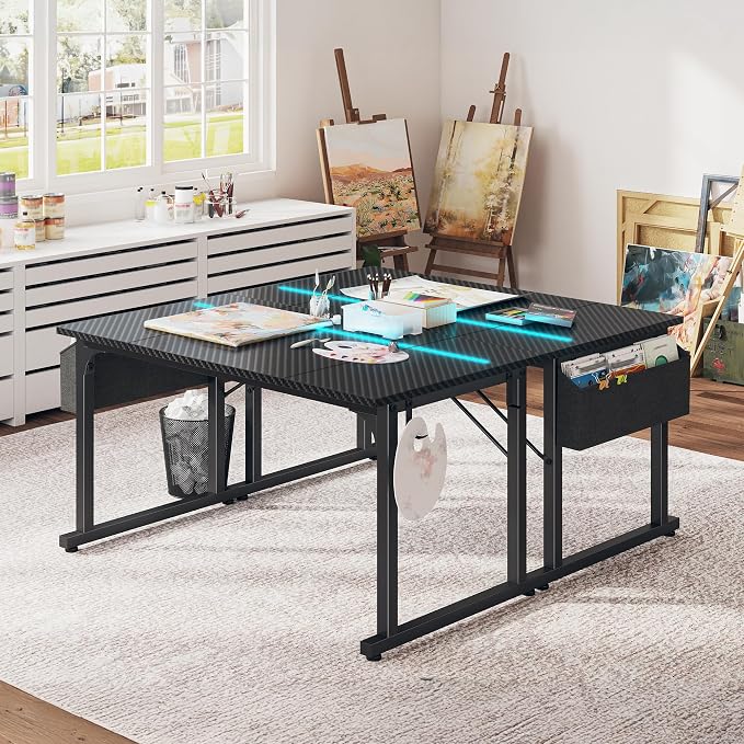 DurayLoly 48" Gaming Desk with Waterproof LED Lights, Carbon Fiber Desktop for Small Spaces | Home Office Study Computer Desk with Storage Bag & Headphone Hook, Black