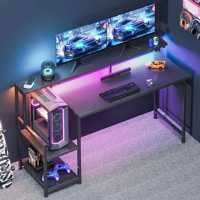 AODK 55 Inch Gaming Desk with LED Lights, Computer Desk with Storage Shelves, Reversible Desk with Monitor Stand, Carbon Fiber Black