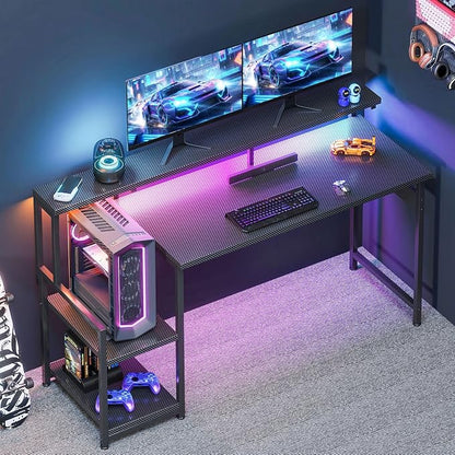 AODK 55 Inch Gaming Desk with LED Lights, Computer Desk with Storage Shelves, Reversible Desk with Monitor Stand, Carbon Fiber Black