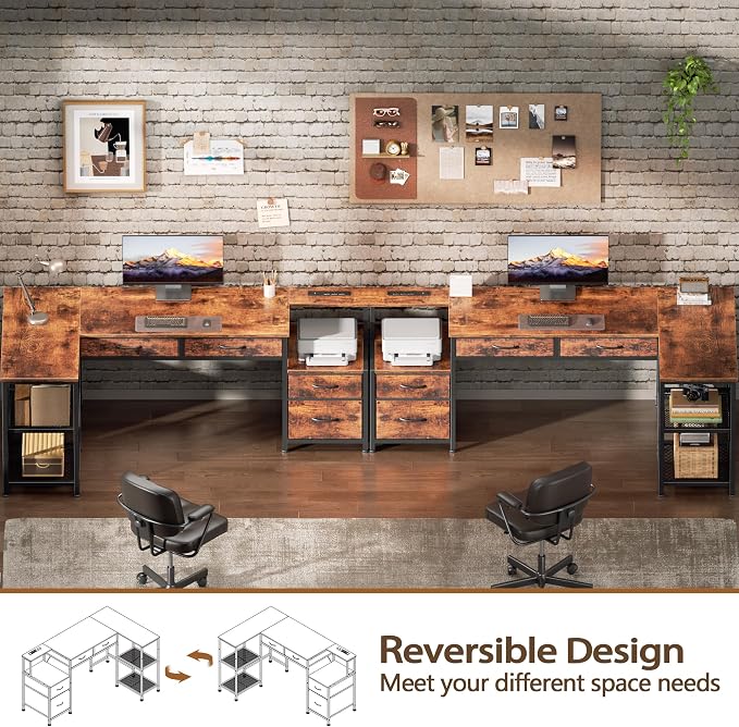 Korfile 65 Inch L Shaped Computer Desk with Power Outlets, Reversible Home Office Desk with 4 Fabric Drawers & 2 Adjustable Mesh Shelves, Corner Study Work Desk with Larger Storage, Rustic Brown