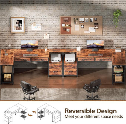 Korfile 65 Inch L Shaped Computer Desk with Power Outlets, Reversible Home Office Desk with 4 Fabric Drawers & 2 Adjustable Mesh Shelves, Corner Study Work Desk with Larger Storage, Rustic Brown