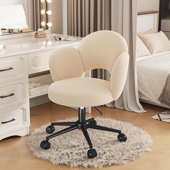 Homkdom Petal Vanity Chair with Wheels, 3.94" Thick Comfy Desk Chair, Swivel Armless Chair with Open Back and Adjustable Height, Ideal for Makeup Study Work and Relaxation, Creamy Beige