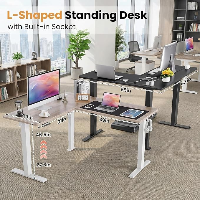 63” L Shaped Standing Desk with Charging Station,Supports Left and Right Swapping,Electric Height Adjustable Corner Stand Up Desk.Free Hook, Lockable Wheels,Mouse Pad,Black