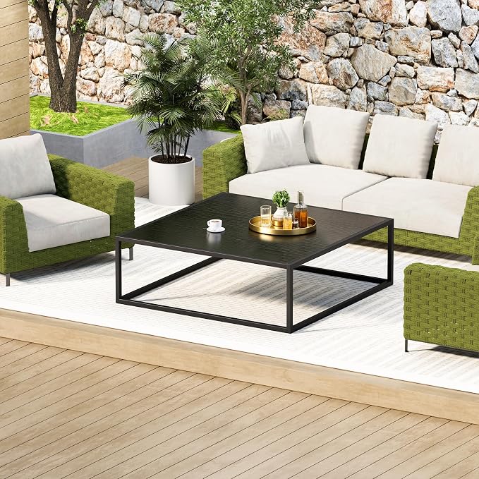 31.5" Square Coffee Table, Mid-Century Modern Black Center Table for Living Room, Floor Table for Sitting on The Floor, Wood Cocktail Tea Contemporary Tables with Metal Frame for Office Apartment Home