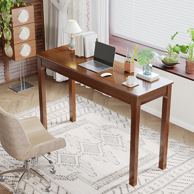 100% Solid Wood Desk with Drawers 47 Inch Mid Century Modern Desk Vintage Writing Wooden Desks for Small Spaces Bedroom, Living Room, Office