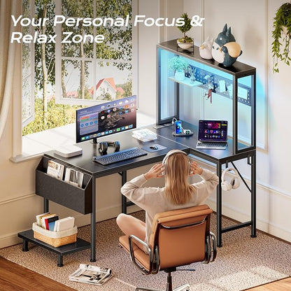 PRAISUN L Shaped Gaming Desk with LED Lights & Power Outlets, Reversible Computer Desk with Storage Shelves & Bag, Small Corner Home Office Desk with Pegboard for Work from Home, Black