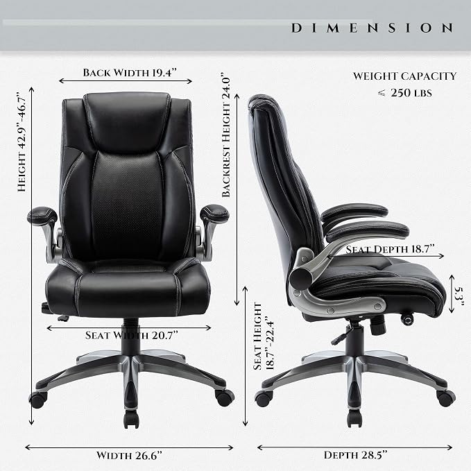 COLAMY Office Desk Chair, Ergonomic Computer Chair with Padded Flip-Up Arms and Thick Cushion, Leather office chair with High Back Adjustable Height and Tilt for Working for Working, Study, Gaming,2PC