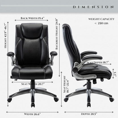 COLAMY Office Desk Chair, Ergonomic Computer Chair with Padded Flip-Up Arms and Thick Cushion, Leather office chair with High Back Adjustable Height and Tilt for Working for Working, Study, Gaming,2PC