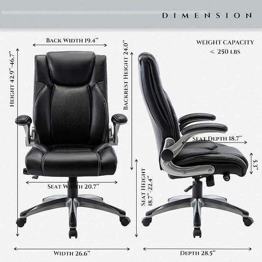 COLAMY Office Desk Chair, Ergonomic Computer Chair with Padded Flip-Up Arms and Thick Cushion, Leather Office Chair with High Back Adjustable Height and Tilt for Working for Working, Study, Gaming
