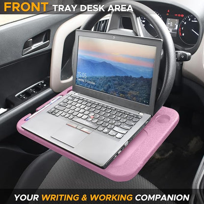 EcoNour 2 in 1 Car Steering Wheel Desk | Steering Wheel Tray for Laptop and Food | Pink Table Tray for Eating with Drinks Holder | Car Accessories