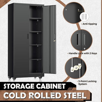 INTERGREAT Metal Storage Cabinet with Wheels, 73" Rolling Storage Cabinets with Door and 4 Shelves, Tall Storage Cabinets Locker on Caster for Home, Office, Black