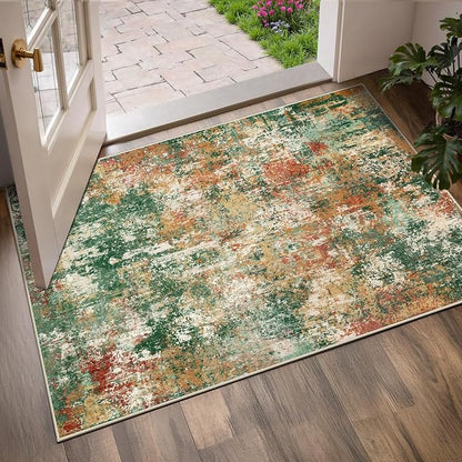 RELEANY Washable Area Rugs 3'x5' Non-Slip Modern Abstract Soft for Living Room Entryway Bedroom Kitchen, Print Pattern, Green Orange Rust Red Cream Colorful