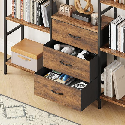 AFLUI Triple Bookshelf with 3 Fabric Drawers, 4-Tier Book Shelf and 10 Display Shelves, Industrial Large Bookcase for Home & Office, Rustic Brown, 59'' Wide