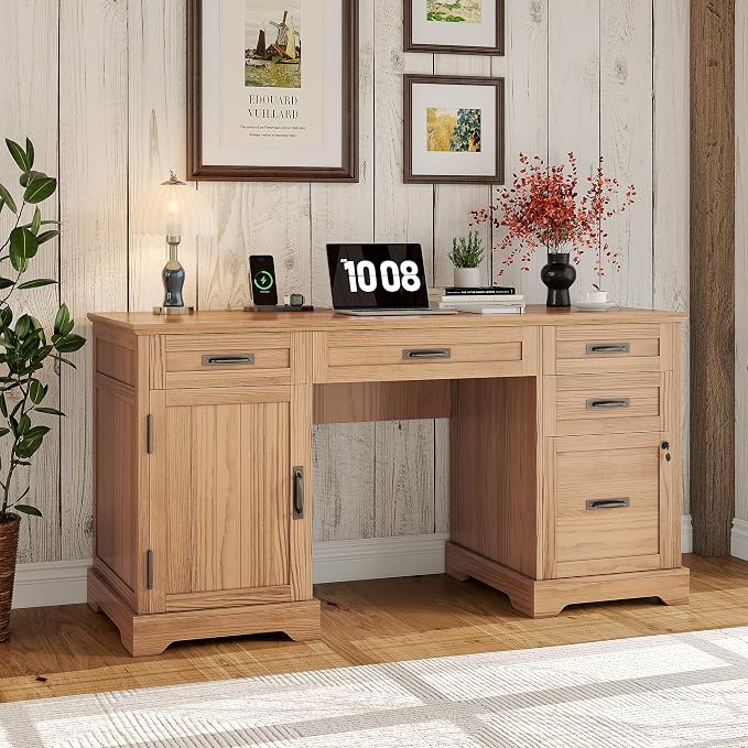 Whalefall 55'' Farmhouse Desk Home Office with Drawers, Light Walnut | Executive Computer Desk with File Cabinet and Charging Station, Wooden Small Desk with Locking Drawers Storage