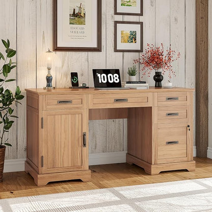 Whalefall 55'' Farmhouse Desk Home Office with Drawers, Light Walnut | Executive Computer Desk with File Cabinet and Charging Station, Wooden Small Desk with Locking Drawers Storage