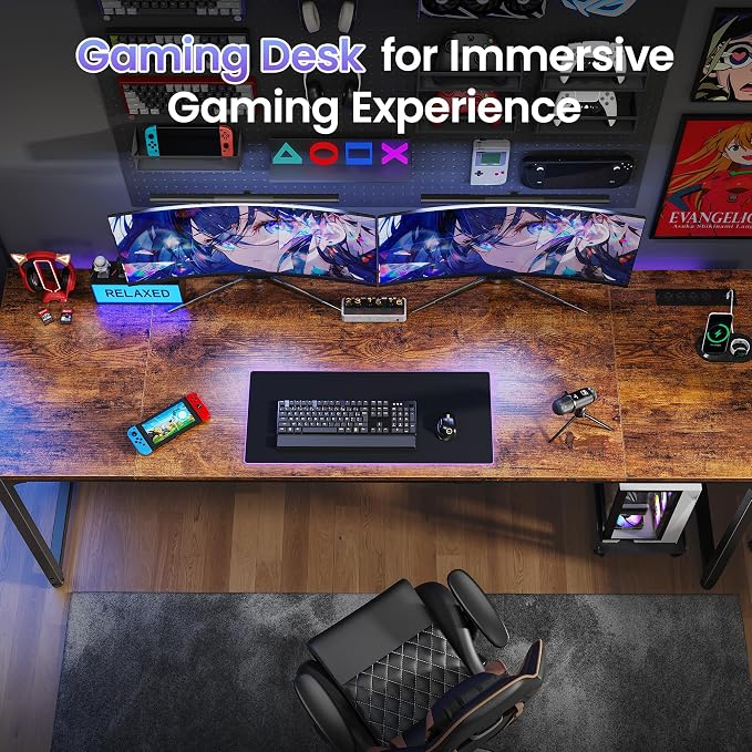 PRAISUN 80 X 24 Inch Office Computer Desk with Power Outlets and USB-C Port, Larger and Longer Gaming Desk, for Home Office, Study, Writing Work from Home Table, Metal Frame, Rustic Brown