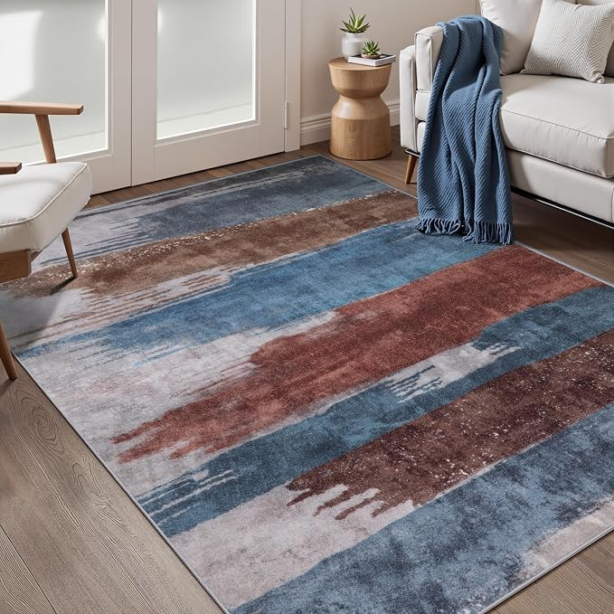 Ciicool Abstract Area Rug Indoor, 3x5 Washable Entryway Rug, Modern Soft Throw Entry Rug with Non-Slip Backing for Bedroom Living Room Entrance Kitchen, Low-Pile Floor Carpet Doormat Blue Brown