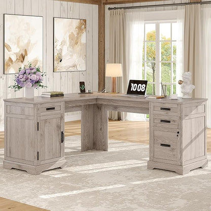 Whalefall 67'' Farmhouse L-Shaped Desk with Drawers for Home Office, Gray | Computer Corner Desk with File Cabinet and Charging Station, Large Executive L Desk with Locking Drawers Storage