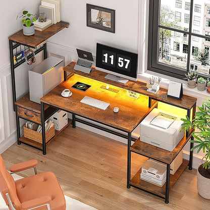 DurayLoly 55" Computer Desk with LED Lights & Outlets,Office Desk with Drawers & Monitor Stand,Gaming Desk with 3 Storage Shelves, Hooks& Printer Space for Game&Study Room,Home Office,Bedroom,Brown