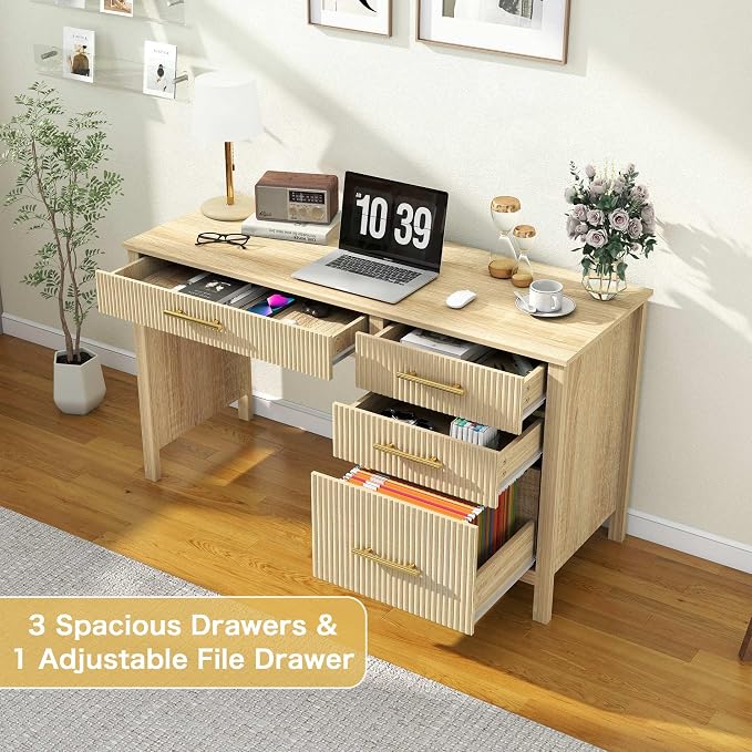 Modern Executive Desk with Drawers: 54 Inch Oak Home Office Desks with File Drawer, Wood Fluted Desk with Storage, Writing Computer Desks with 4 Drawers