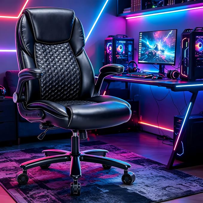 ZLHECTO® Big and Tall Executive Office Chair, PU Leather Swivel Desk Chair with Flip-up Arms, Adjustable Lumbar Support, Space-Saving Height Adjustable Rolling Computer Chair for Home & Office Use
