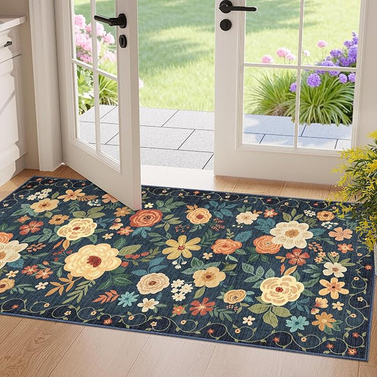 DUKINO 2x4 Rug for Entryway, Washable Kitchen Floral Runner Rug with Non Slip Backing, Low Pile Soft Boho Carpet for Kitchen, Hallway, Entryway, Laundry, Bedroom, Navy Blue