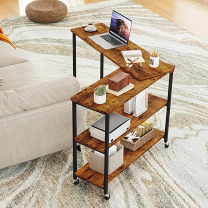 Tangkula Large 360° Free Rotating Sofa Side Table, Patented Mobile Couch Desk with 2-Tier Storage Shelves, Movable Laptop Desk with Sturdy Metal Frame, Extendable Couch Snack Table for Home Office