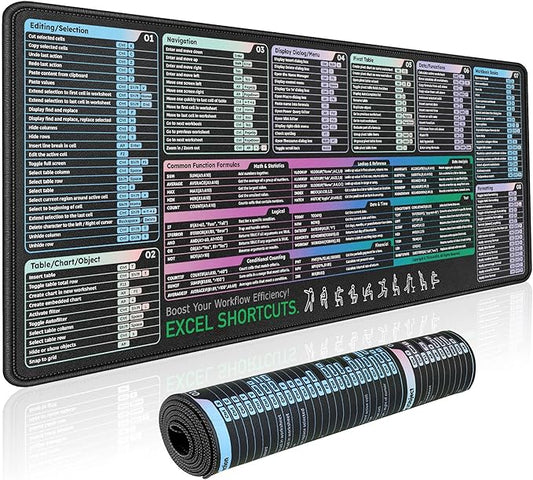 Excel Shortcuts Key Mouse Pad (31.5" x 11.8") | XXL Cheat Sheet Desk mat with 120+ Excel Keyboard Shortcuts, Non-Slip Rubber Base, Cheat Sheet Gaming Mousepad or PC Office