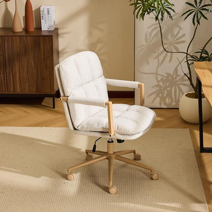 VINGLI Comfy Linen Office Desk Chair with Wheels & Detachable Cushions & Wood-Like Armrests,Swivel Small Computer Task Chair,Adjustable for Girl Makeup Vanity,Teen/Kids Study,Nail Tech,Sewing,White