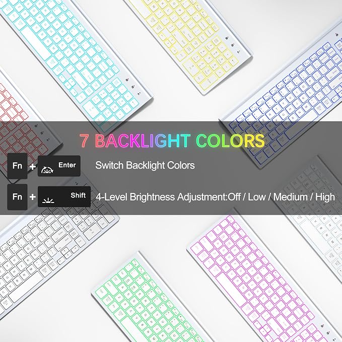 Wireless Backlit Keyboard and Mouse Ultra Slim Combo, TopMate 2.4G Silent Compact 2400DPI Mouse and Scissor Switch Keyboard Set, Batteries Included, for PC/Laptop/Windows/Mac/Gaming - BL Matte White