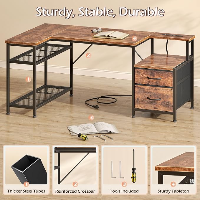 Korfile 57 Inch L Shaped Gaming Desk with Power Outlets and Type-C Port, Reversible Computer Office Desk with 2 Fabric Drawers & Mesh Shelves, Corner Desk for Study Work Writing Desk, Rustic Brown