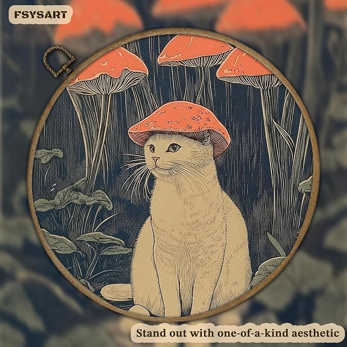 Framed Vintage Cat Wall Art, Whimsical White Cat with Mushroom Hat in Forest Canvas Print, Fantasy Quirky Woodland Animal Painting, Funny Retro Wall Decor for Living Room Bedroom Study 12x16in