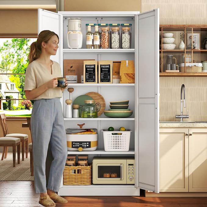 71" Metal Pantry Cabinet,Storage Cabinet with Doors and Shelves | Metal Storage Cabinet,Gold Handles,Adjustable Shelves,Magnetic Doors,Leveling Feet,Anti-tipping,for Kitchen/Garage White