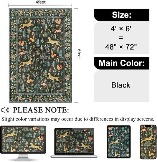 DUKINO 4x6 Rug, Washable Animal Area Rug with Non Slip Vintage Design, Indoor Soft Low Pile Carpet for Bedroom, Nursery, Dining Room, Farmhouse, Playroom, Black