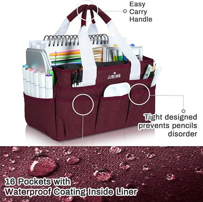 JJRING Craft Organizer Tote Bag, Art Storage Caddy with Multiple Pockets, Dark Red Sewing Bag for Art, Craft, Scrapbooking, School, Medical, and Office