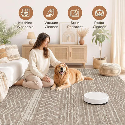 Nakagishi Area Rug Living Room Rugs: 11x14 Large Soft Machine Washable Boho Moroccan FarmNeutral Stain Resistant Indoor Floor Carpet for Bedroom Under Dining Table Home Office Decor-Dark Brown