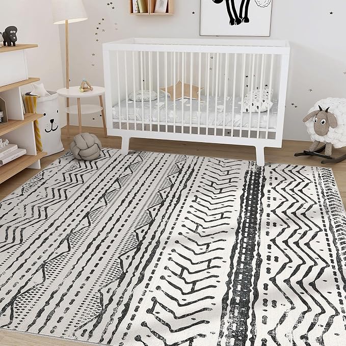 Nakagishi Black Rug Living Room 5X7: Washable Boho Large Neutral Soft Rug Modern Stain Resistant Moroccan Indoor Non-Slip Carpet for Bedroom Kids Playroom Office Dining Room Classroom Dorm