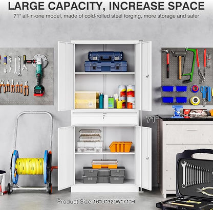 SISESOL White Metal Storage Cabinet with Drawer and Locks,Garage Storage Cabinet with Locking Doors and Adjustable Shelves,71" Tall Large Metal Cabinets with Magnetic Door for Home,Office,Garage