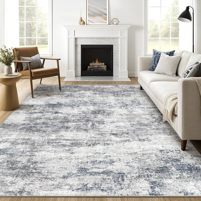Area Rugs 9x12 Living Room: Washable Large Abstract Neutral Modern Soft Rugs Stain Resistant Indoor Floor Non-Slip Accent Carpet for Bedroom Nursery Playroom Office Dining Room Home Decor- Blue Gray