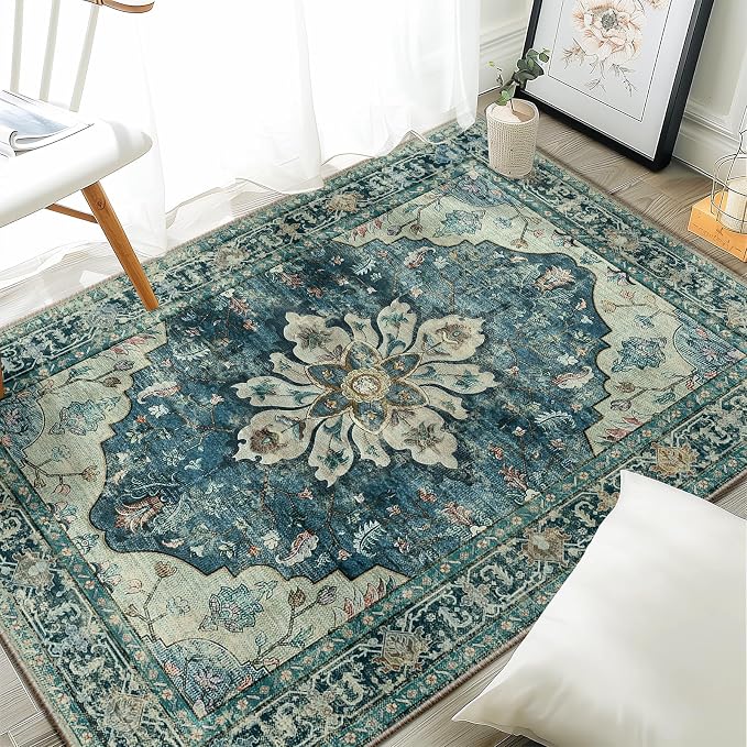 RELEANY Area Rugs 3'x4' Washable Non-Slip, Floral Vintage Distress Medallion Carpet for Living Room Bedroom Dining Room, Dark Blue Vintage