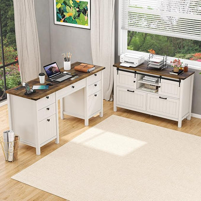 2 Drawer Lateral File Cabinet with Outlets & Charging Station for Files Letter/FC/A4, Farmhouse Filing Cabinets for Home Office Storage, Wooden Print Stand, 46.4" Wide, Antique White