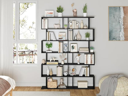 Yusong Bookshelf 6-Tier, Geometric Bookcase S Shaped Book Shelves for Bedroom, Modern Wood Decorative Display Shelf Tall Book Case for Home Office, Black