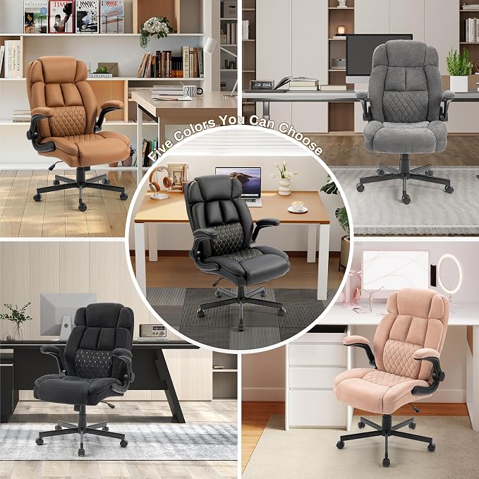 Massage Office Chair, 500LBS Ergonomic Rocking Executive Desk Chairs with 4 Points Vibration&Heat,Padded Flip-up Armrests for Big and Tall Office Chair,Swivel Computer Chair Thicken Back,Fabric Black