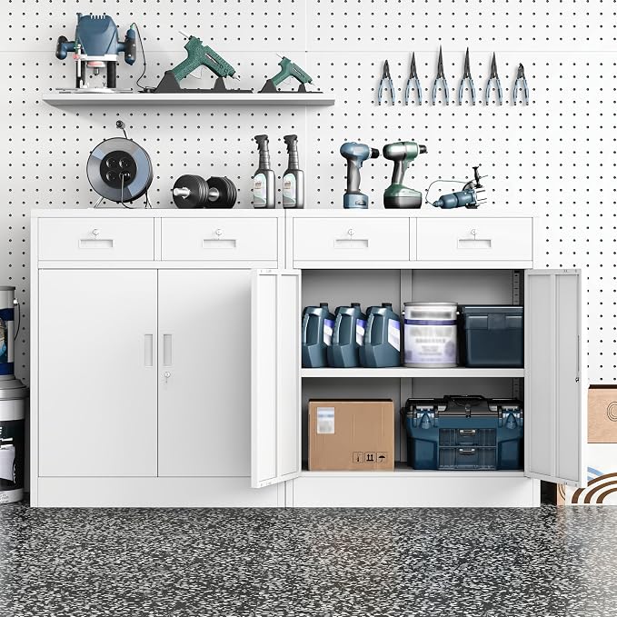 Metal Storage Cabinet, 36 Inch Tall Locking Cabinet with 2 Doors and 2 Drawers, Metal Cabinets with Adjustable Shelf, Garage Cabinets for Kitchen,Garage,Warehouse, White