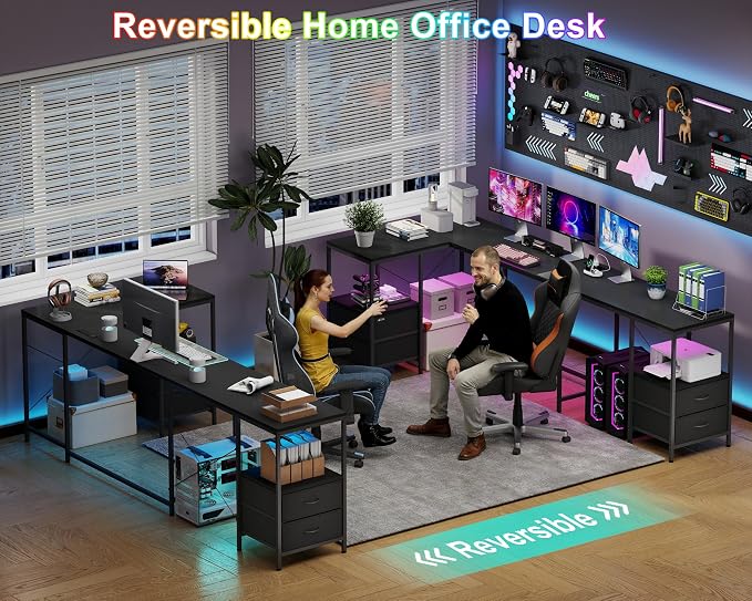 YOSHOOT 67" U Shaped Computer Desk, Reversible L Shaped Gaming Desk | Corner Desk with Power Outlets, 4 Drawers, 2 Storage Shelf, Computer Table with 4 Installation Methods, Black